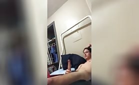 cute fit brunette jerking on bed off